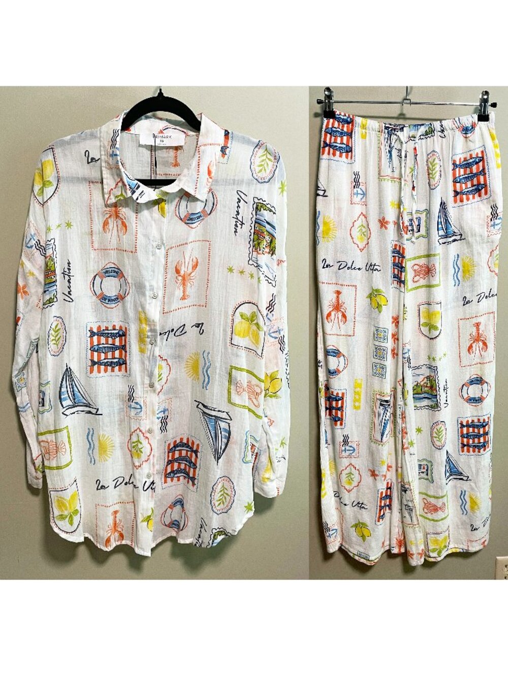 New Primark 100% Cotton Postcard Print Shirt + Pant Set White XS